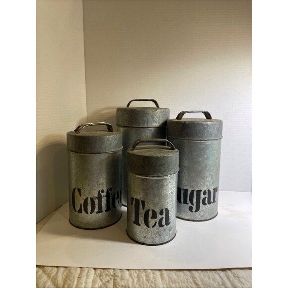 Vintage Vandor Imports Galvanized Metal Canister Set For Coffee Tea Sugar & Flou - Picture 5 of 15